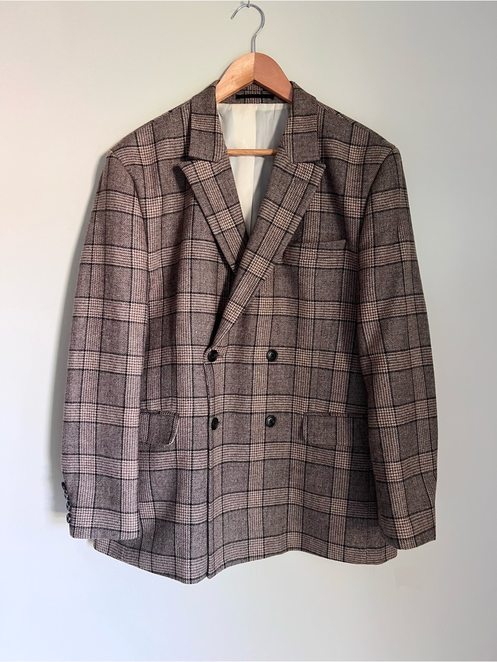 Asos Double-Breasted Sport Coat Sz 42 R Brown Glen Plaid Wool Blend Preppy